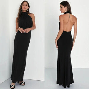 Lulus Romantic Chance Black Halter Backless Mermaid Maxi Dress L Wedding Party